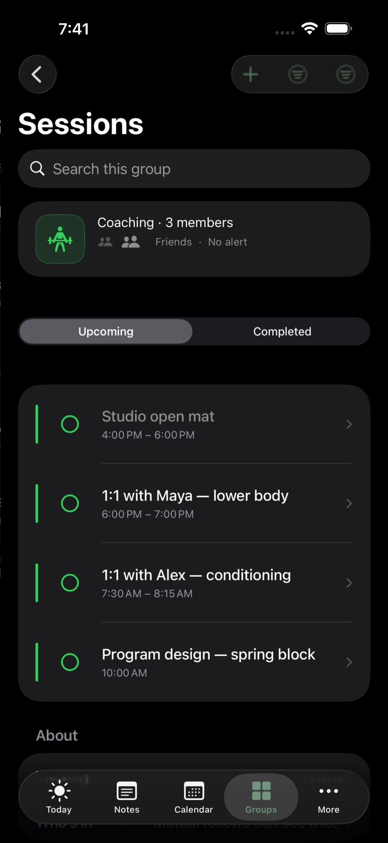 A coach's view of a shared Sessions group in Sova: open mat times and one-to-one sessions with each member, all in one list