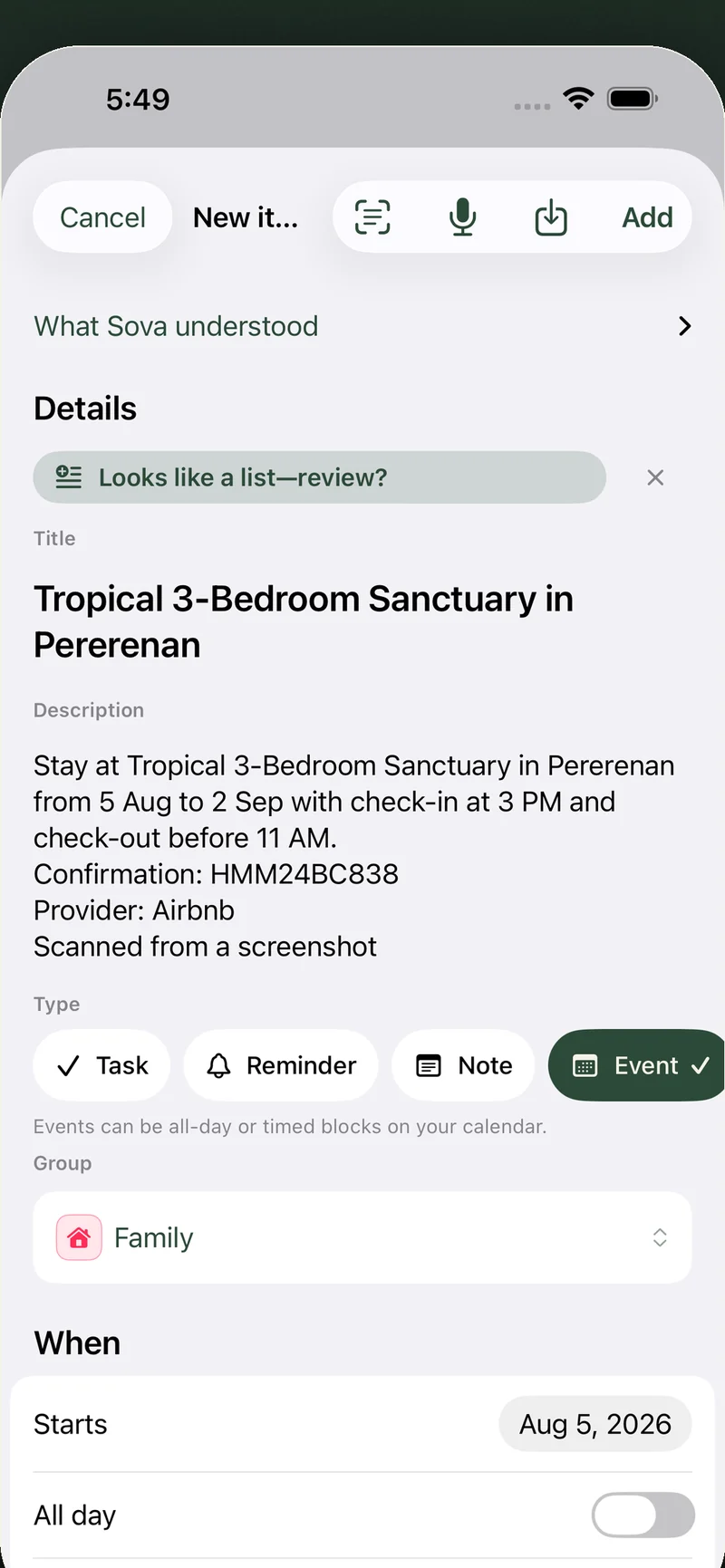 A booking confirmation in Sova, drafted as an event ready to review: title, description with confirmation code, Event type, start date